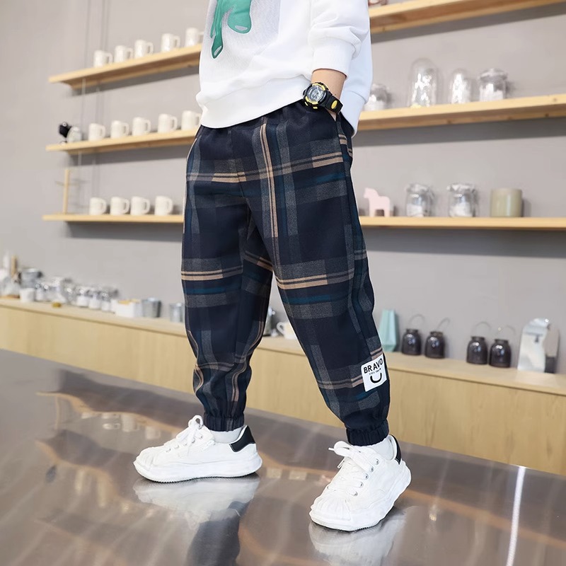 Spring and Autumn Children's fashionable fashionable loose casual plaid pants sweatpants boys and girls fleece-lined thick warm sports trousers
