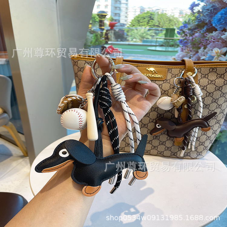 Picture of Ins Woven Rope Dachshund Dog Bag Keychain Pendant Leather Unisex Miu Cute Accessories Keychain