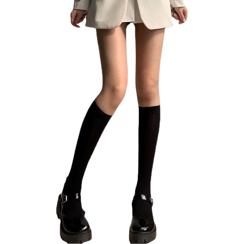 Stockings Japanese JK Socks Women's Spring and Summer Mid-height Calf Socks Micro-pressure Skinny Legs Pure Black Silk Elastic Sunscreen Socks