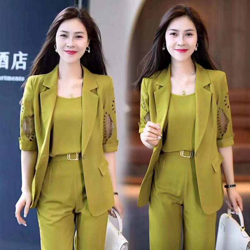Professional Suit three-piece suit for women 2024 new fashion solid color summer slimming foreign temperament harem pants thin suit fashion