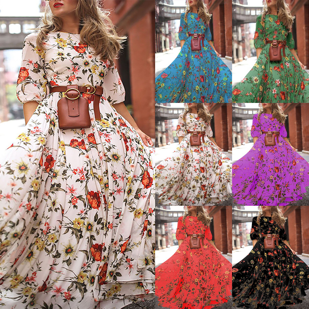 Europe and the United States new cross-border Amazon dress digital printing large swing temperament floral slim dress
