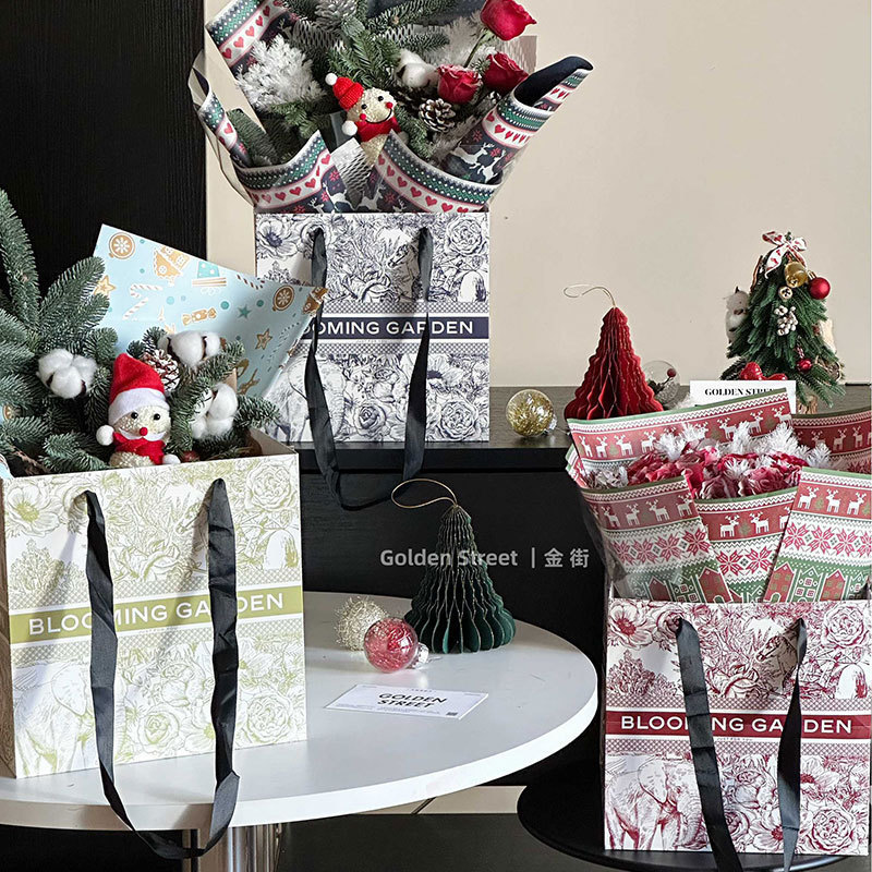 Flower Handbag with Flower Name Handbag Christmas High-End 300g Thickeneded Bouquet Packaging Bag Flower Shop Materials