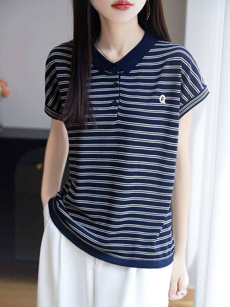 Lyocell Tencel Polo Collar Knitted Contrast Stripesd Small Flying Sleeve T-Shirt Women's Short-Sleeved Summer Thin Versatile Top