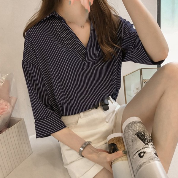 2022 Summer New Korean Style Loose Slim Striped Shirt Women's Cropped Sleeve Top Casual Shirt Trendy