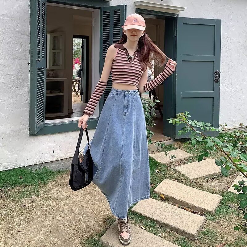 High Waist Denim Skirt Girl's Skirt Summer New Slimming All-match Small Mid-length Umbrella Skirt A- line Skirt