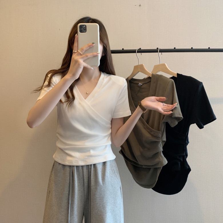 Wholesale Large Size Chubby V-neck White Shoulder Short Sleeve T-shirt Women's Summer Chubby Girl Belly Covering Slimming Sweet Hot Top Hide Meat
