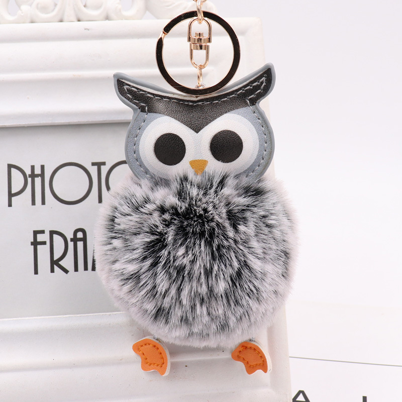 Cute owl fur ball keychain PU leather cartoon plush doll pendant bag car ornaments gift