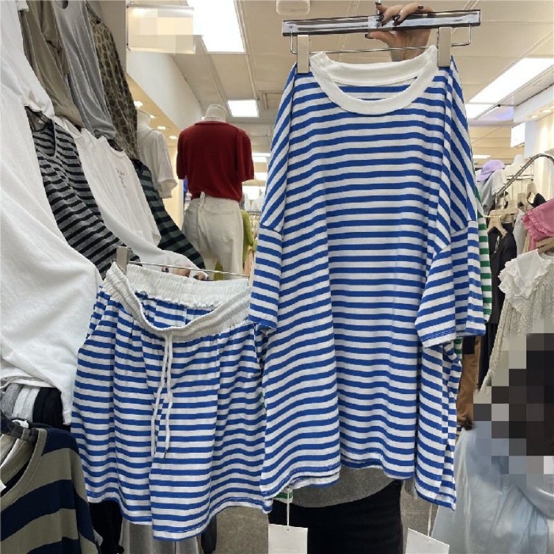 Picture of # Jin College Style Striped Casual Sports Suit Women's Summer Loose Fashion Short-sleeved Shirt Shorts Two-piece Set