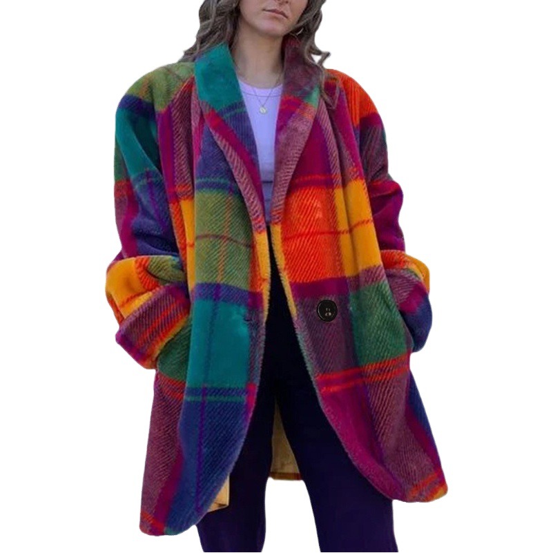 2025 Cross-Border European and American Autumn Export Women's Clothing Amazon Long-Sleeved Lapel Color-Blocked Outwear Printed Woolen Long Outwear