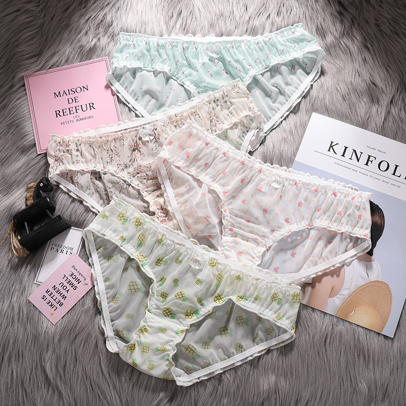 Girl's Summer Mesh Printed Low Waist Briefs High Elastic Breathable Quick-drying Sexy Underwear Cute Cartoon Pattern