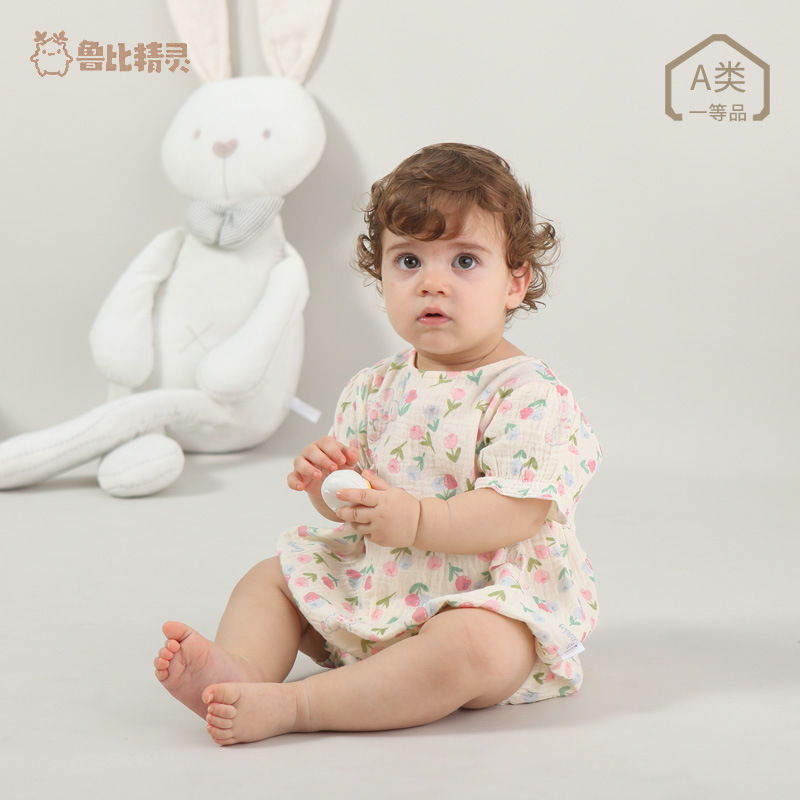 Picture of Baby Floral Romper Summer Thin Style Baby Triangle Romper Crawling Clothes Newborn Clothes One-Piece Pure Cotton Short-Sleeved