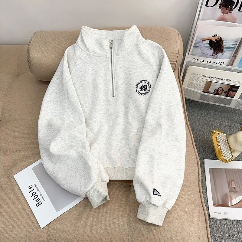 American Style Retro Design Embroidered Half-Zipper Vertical Collar Sweat Women's Autumn and Winter fleece-lined Thickened Pullover Long-Sleeved Top
