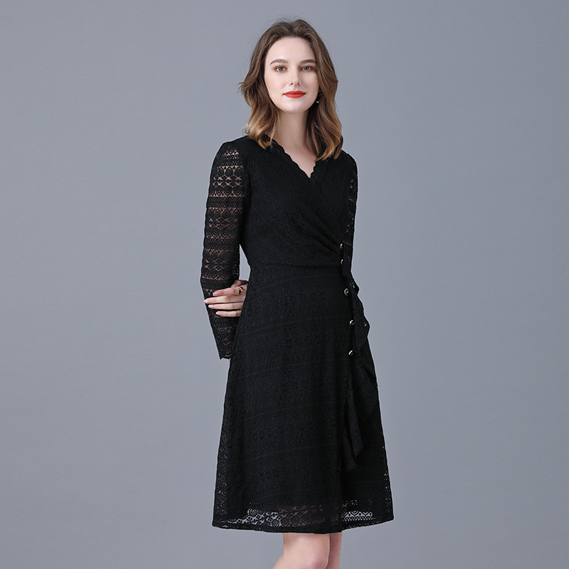 Picture of Lace dress European and American plus size spring new black socialite V-neck stretch sexy slimming versatile A- line skirt