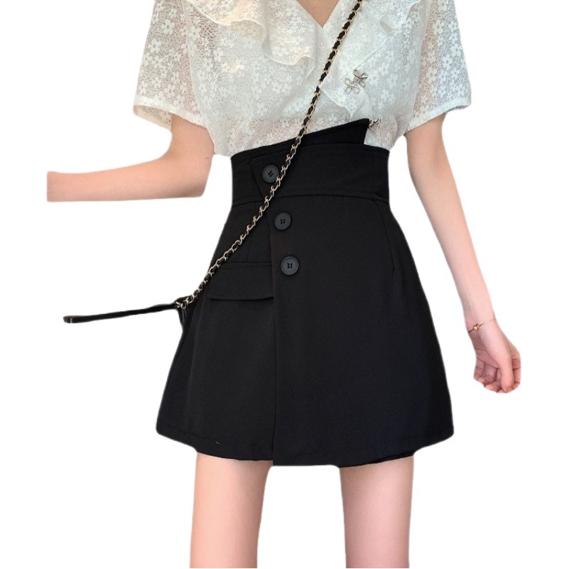 Summer New High Waist Thin Niche A- line Short Skirt Irregular Pants Skirt Women's Small Black Skirt