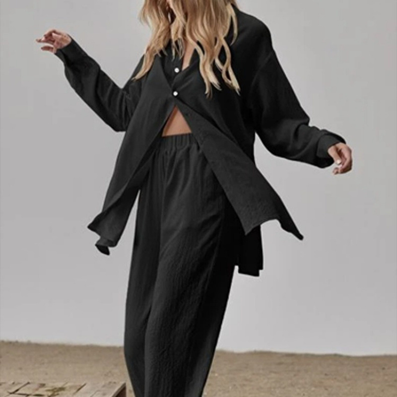 2024 cross-border Amazon long sleeve temperament commuter skin color linen solid color slit long shirt and wide leg pants suit