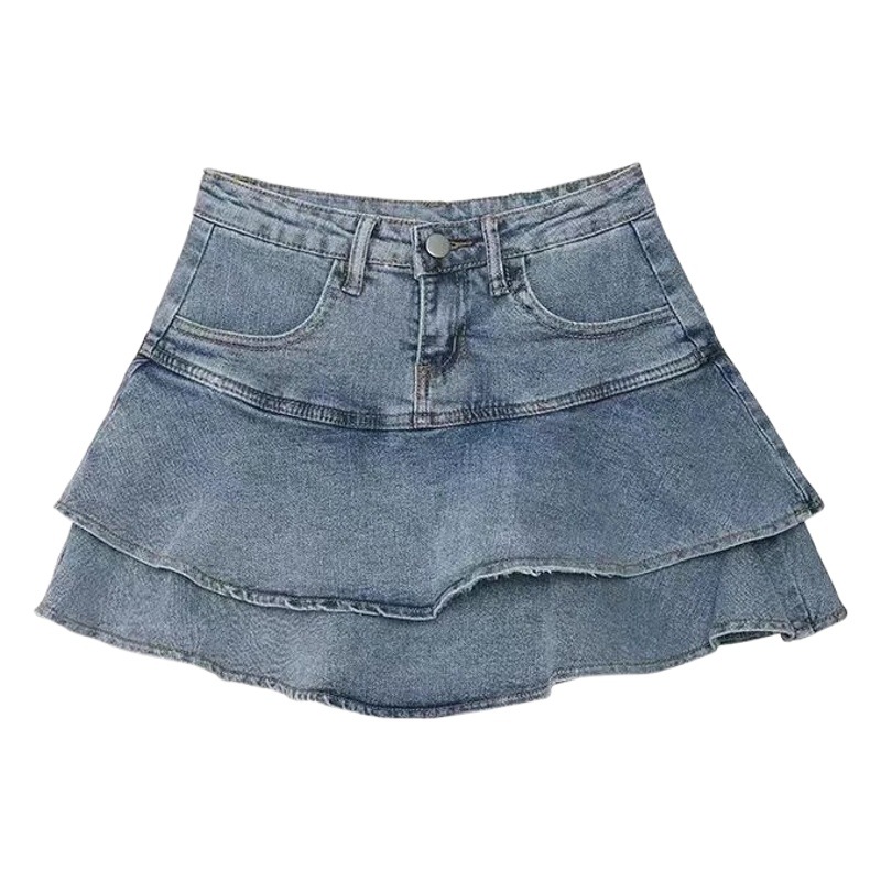 American Style Hot Girl Denim Skirt Women's Sexy Anti-glare High Waist Slimming Small A- line Ruffled Hip Skirt
