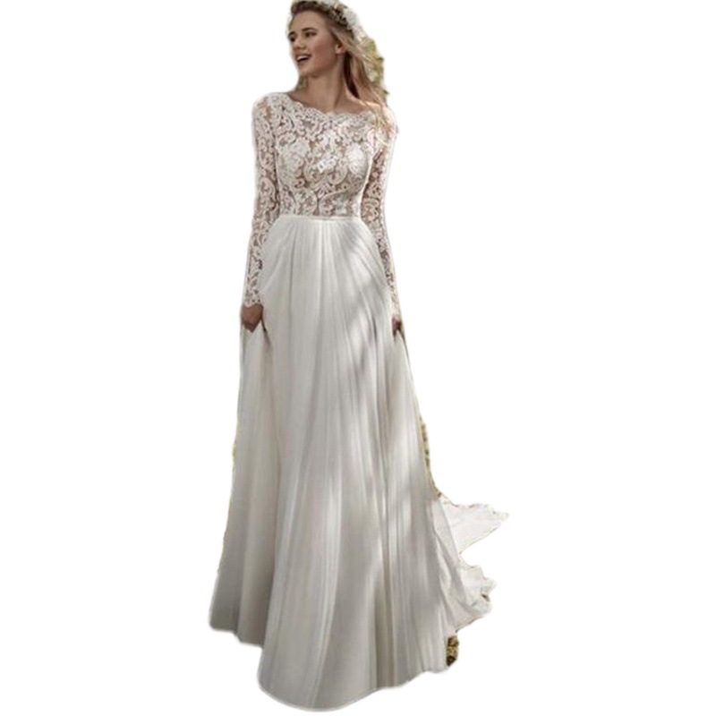 Foreign Trade 2025 New Wedding Dress Long-Sleeved Large Backless Slim Lace a Version Wedding Dress Travel Photography Gauze