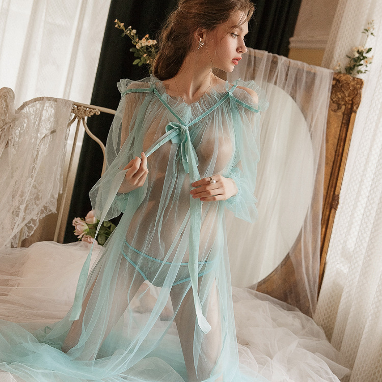 Picture of Cross-border Foreign Trade plus size Sexy Mesh Pajamas Women's Pure Desire Sexy Long Perspective Blouse Lace Nightgown Trendy