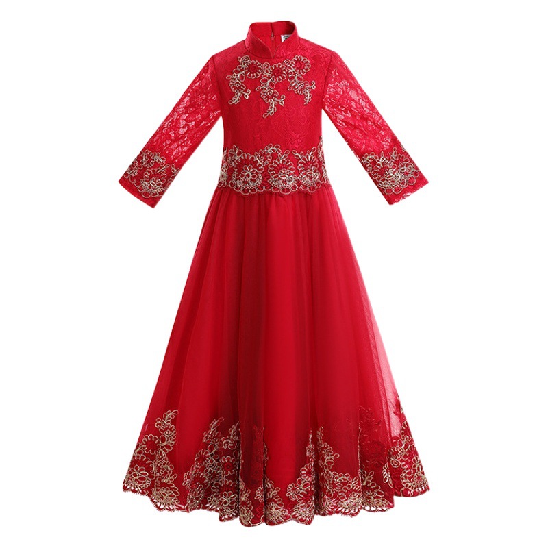 Girls' dress wine red long dress flower girl princess dress children princess dress Chinese style fluffy yarn autumn costume