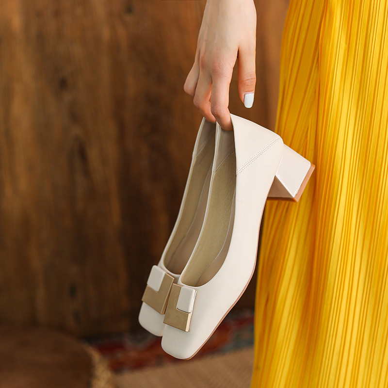 Picture of 332-6 Sheepskin Square Buckle Chunky Mid-Heel High Heels Women's Square-Toe Granny Shoes Soft Leather 5cm Metal Elements