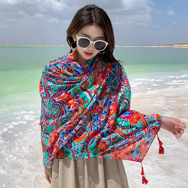 Picture of Summer Outdoor Leisure Comfortable Breathable Scarf Ethnic Style Vacation Cloak Beach Seaside Photo Play Large Shawl