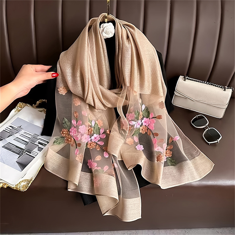 2025 Spring and Autumn New Beaded Simulated Silk Scarf Women's Elegant and Easiest for Match Embroidered Begonia Flower Long Scarf Summer Sunscreen Gauze