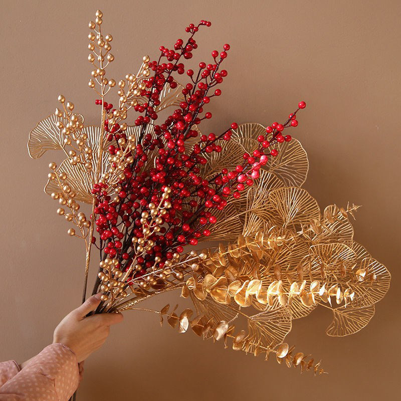 New Year Bucket Flower Bundle Leaf Fortune Fruit Dried Flower Ornaments Ginkgo Leaves Eucalyptus Leaves Floriculture Materials Decoration Holly