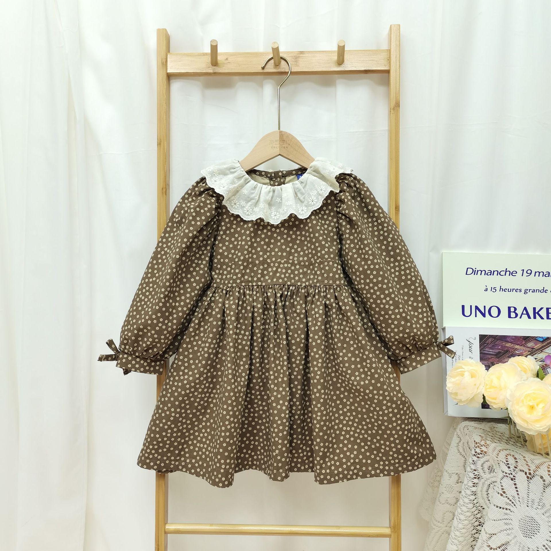 K-Style of Ins Girls Autumn New Dress Sweet Forest Floral Lace Collar Girl Puff Sleeve Doll Dress