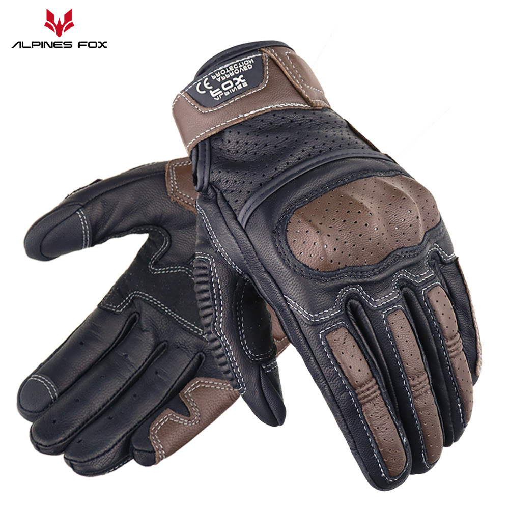 Summer Breathable Touch Screen Motorcycle Riding Leather Gloves Men's Drop-resistant Motorcycle Rider Full Finger Gloves Retro Four Seasons