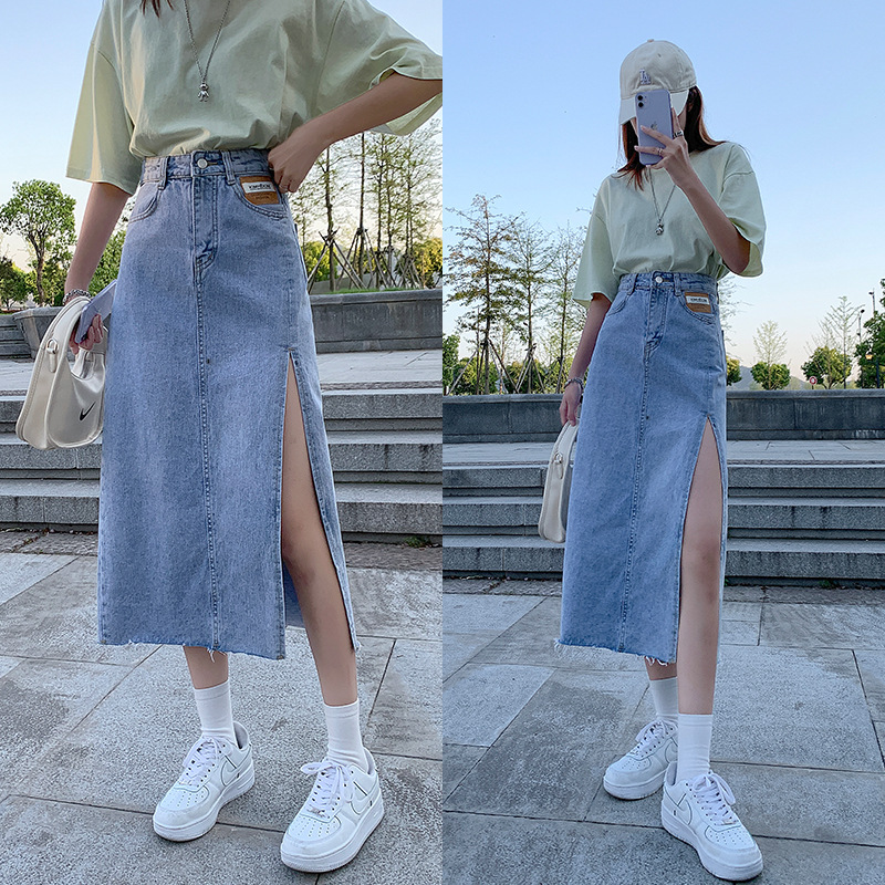 High Waist Side Split Mid-length Denim Skirt Women's Summer 2023 New Slim A- line Hip Long Skirt ins Trendy