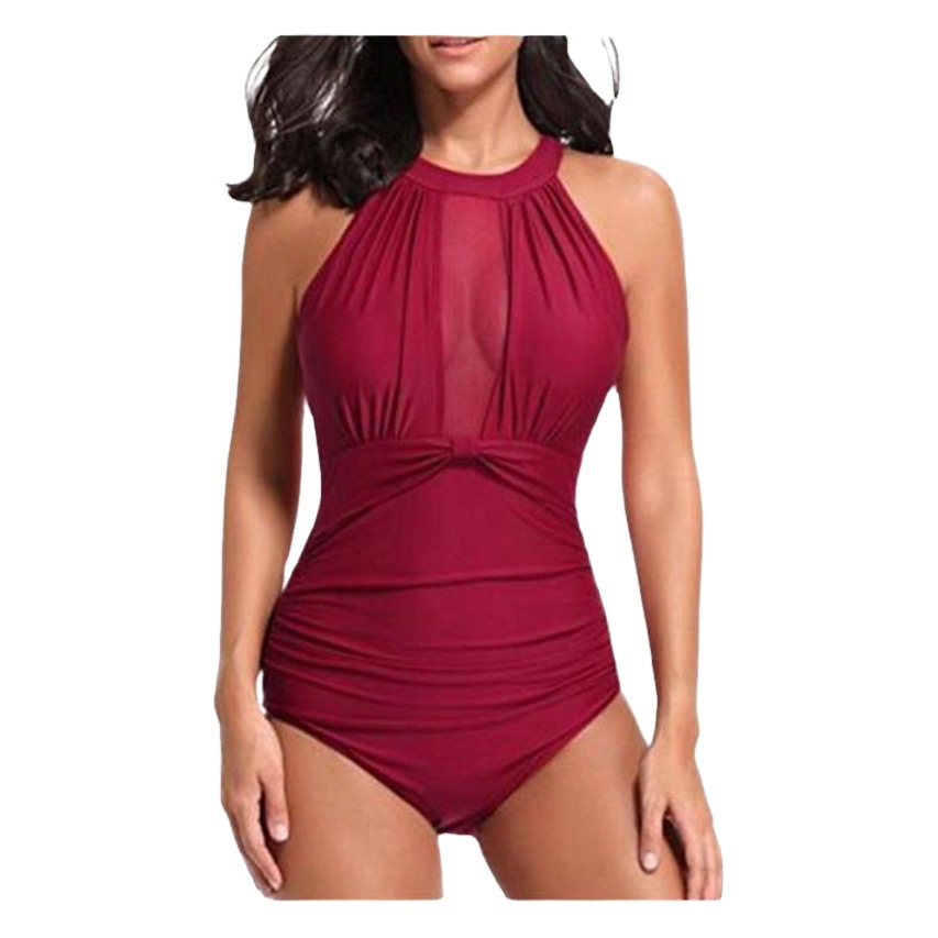 Cross-border New European and American Women's Swimsuit Chest Mesh Stitching Pleated Craft Swimwear Bikini Wholesale