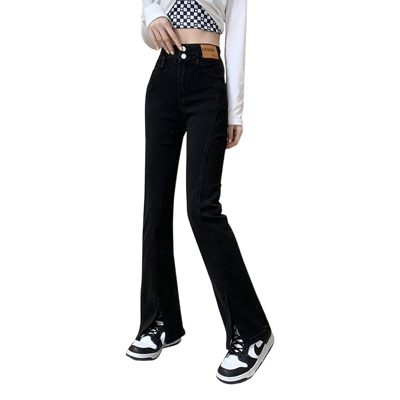 European Station split jeans for women 2022 autumn and winter New Korean style high waist slimming versatile mop straight flared pants