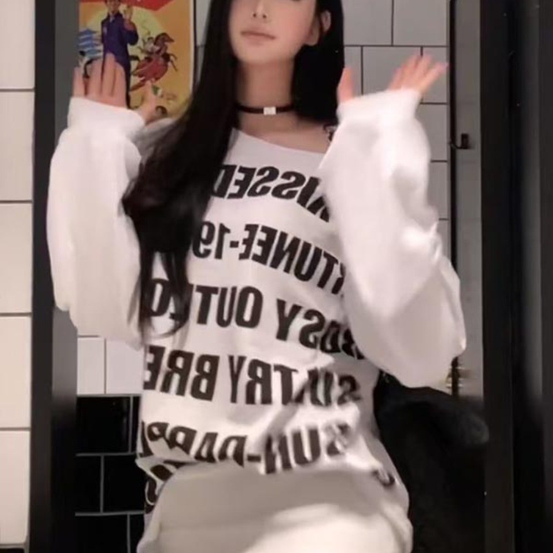 Picture of American Style Spice Girls Shoulder Letter Print Long-sleeved T-shirt Women's Early Autumn Mid-length Casual Loose Laid-back Shoulder Top