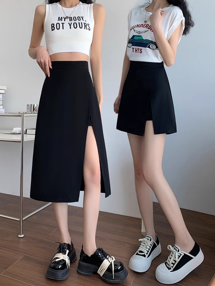 Black Skirt Women's Design Sense Split Dipper Sense A- Line Skirt High Waist Slimming Irregular Light Mature Style One-Step Skirt