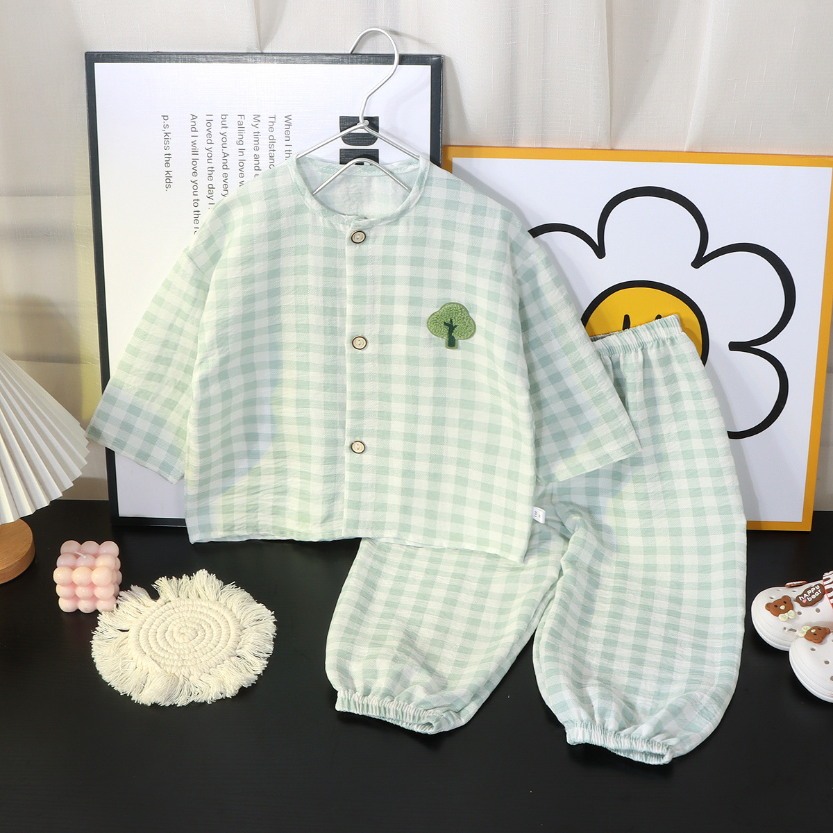 Picture of Boys and Girls Cloud Cotton Home Clothes Set Summer Cardigan Cartoon Kidsren's Pajamas Tops Pants Spring & Fall Two-Piece Set
