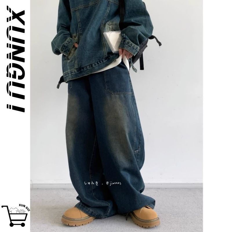 Hong Kong Style 2024 Autumn Style Retro Hong Kong Style Loose Old Denim Trousers for Boys and Girls Loose Blue Tooling High Street