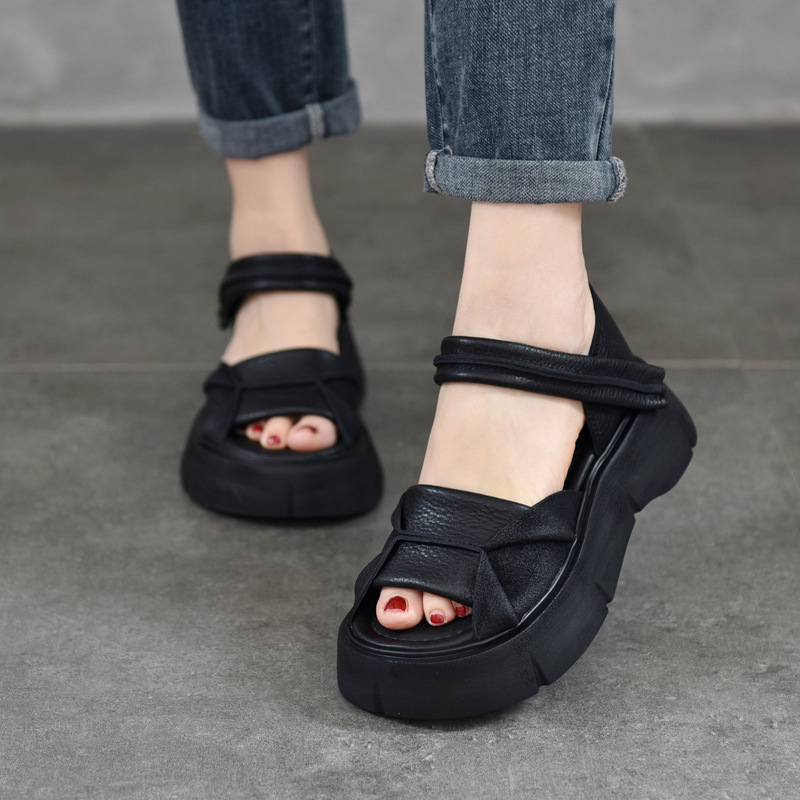 [Event Price 168] Genuine Leather Sandals Women's Fish Mouth Roman Shoes Low-Top Summer Hollow Thick-Soled Women's Sandals