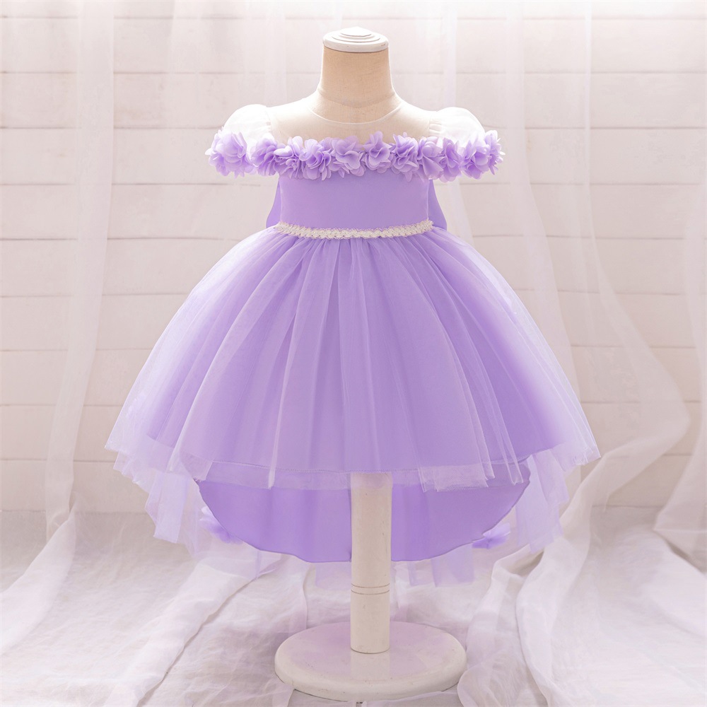 Picture of New One-year-old Dress Short-sleeved Pleated Mesh Lace Trailing Princess Dress Ponked Yarn Flower Children's Wedding Dress