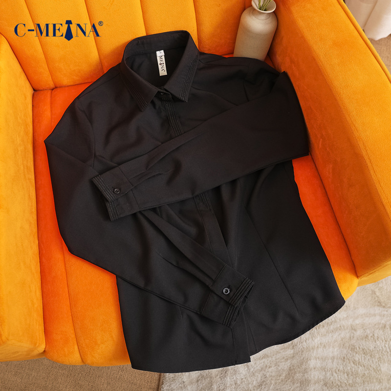 Picture of Elegant Commuter New Women's Long Sleeve Square Neck Single-Breasted Slim Fit Chiffon White Shirt