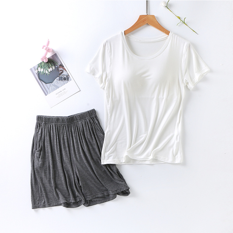 Picture of Modal Women's Suit Cup One-piece Short-sleeved Shorts Pocket-free Slimming Home Pajamas Suit Large Size Women