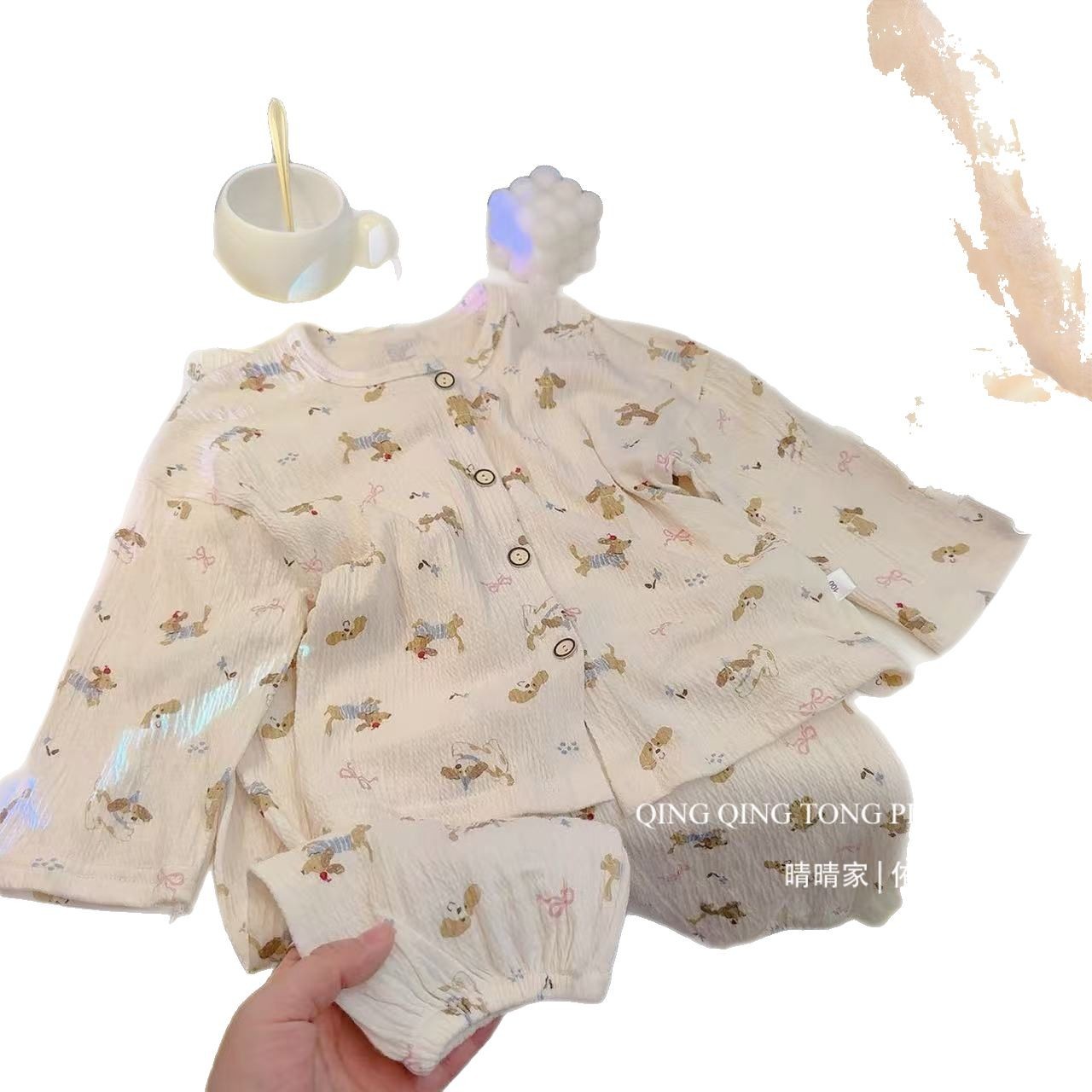 Picture of Children's Stretch Cotton Yarn suit Lace Baby Spring Cardigan Home Clothes Korean Style Cute Air-conditioning Clothes Pajamas