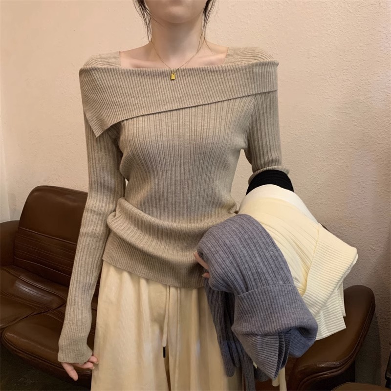 One-Shoulder Knitted Bottoming Shirt for Women in Spring, Autumn and Winter, Asymmetrical Inner Layer, French High-Waisted Right Shoulder Collarbone Long-Sleeved Top