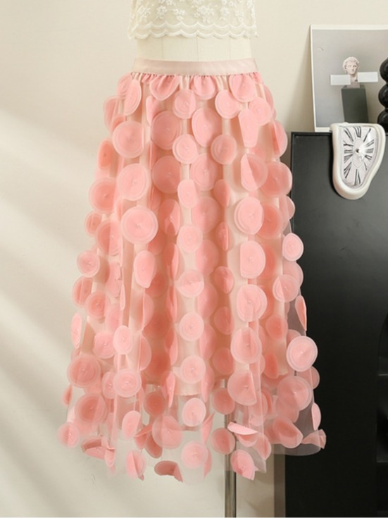 Heavy industry three-dimensional flower mesh A- line skirt women's summer 2024 New Design High waist slimming fairy skirt