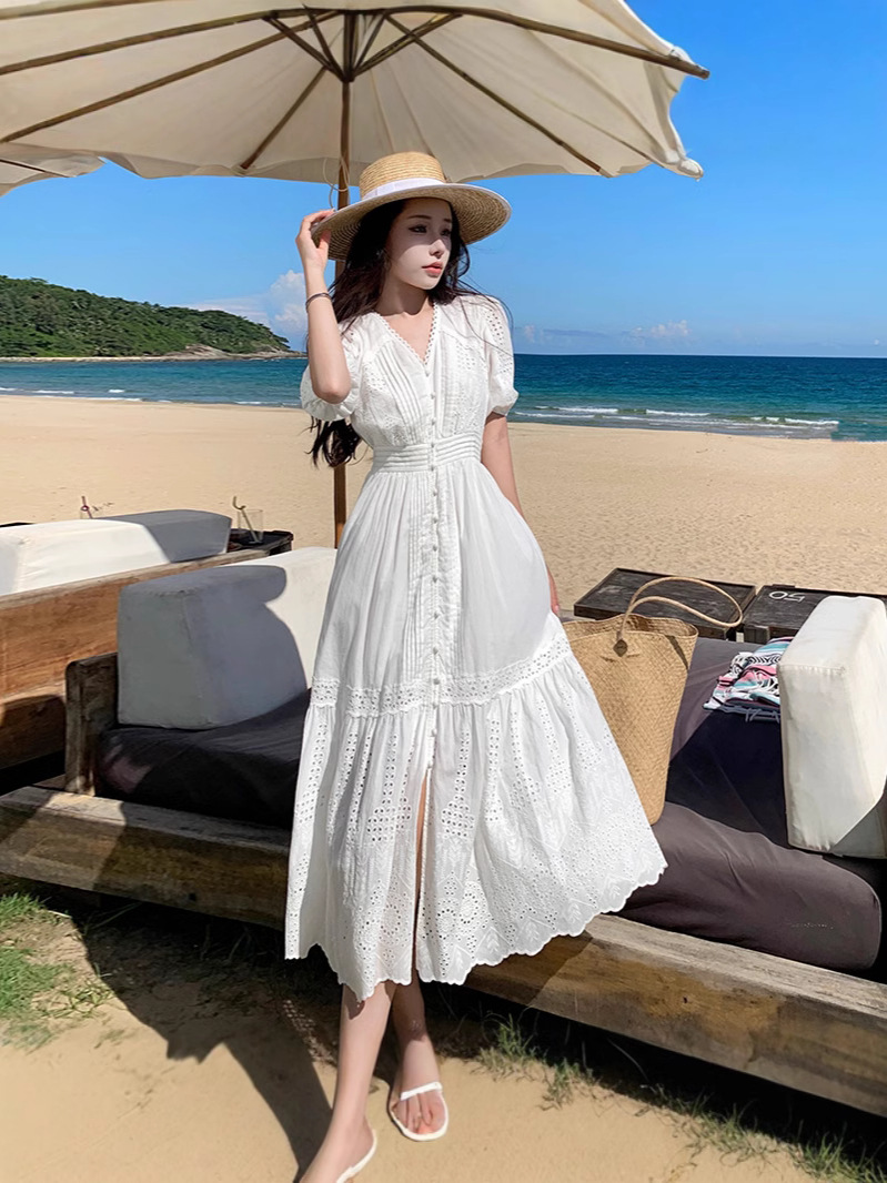 Cross-border New Seaside Holiday Beach Dress V-neck Slim White Hollow-out dress Desert Dress Fairy