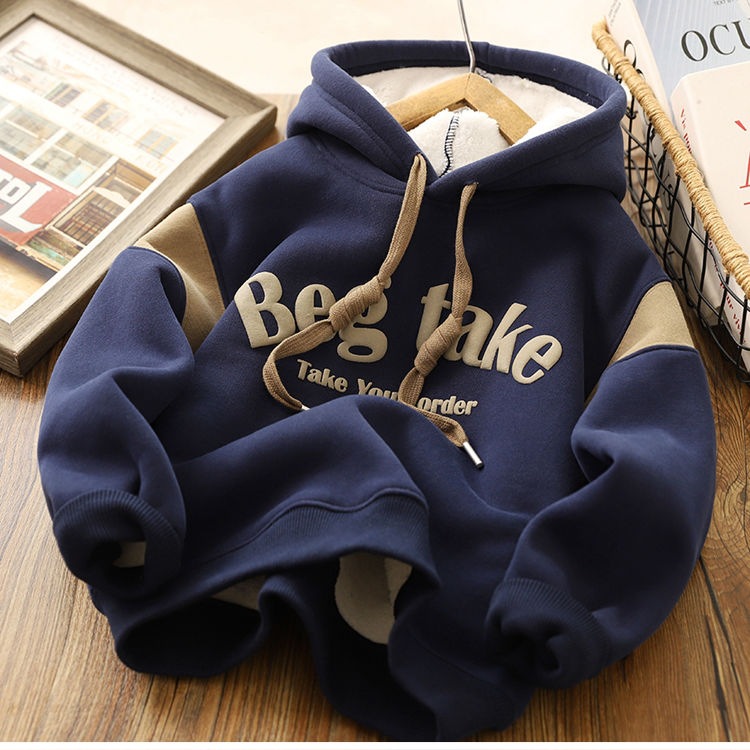 Picture of Boys' fleece-lined sweater autumn and winter children's hooded pullover sports top 2024 Winter thickened bottoming shirt fashion