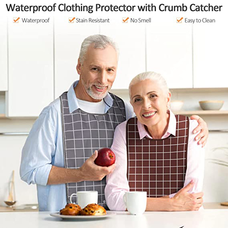 Picture of Elderly Bib Adult Smock Waterproof and Dirt-Resistant Large Size Dining Bib Apron Plaid Style