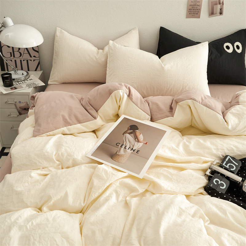 Picture of Four-piece bed set A can sleep naked wash cotton quilt cover solid color bed sheets student dormitory three-piece bed hat wholesale 4