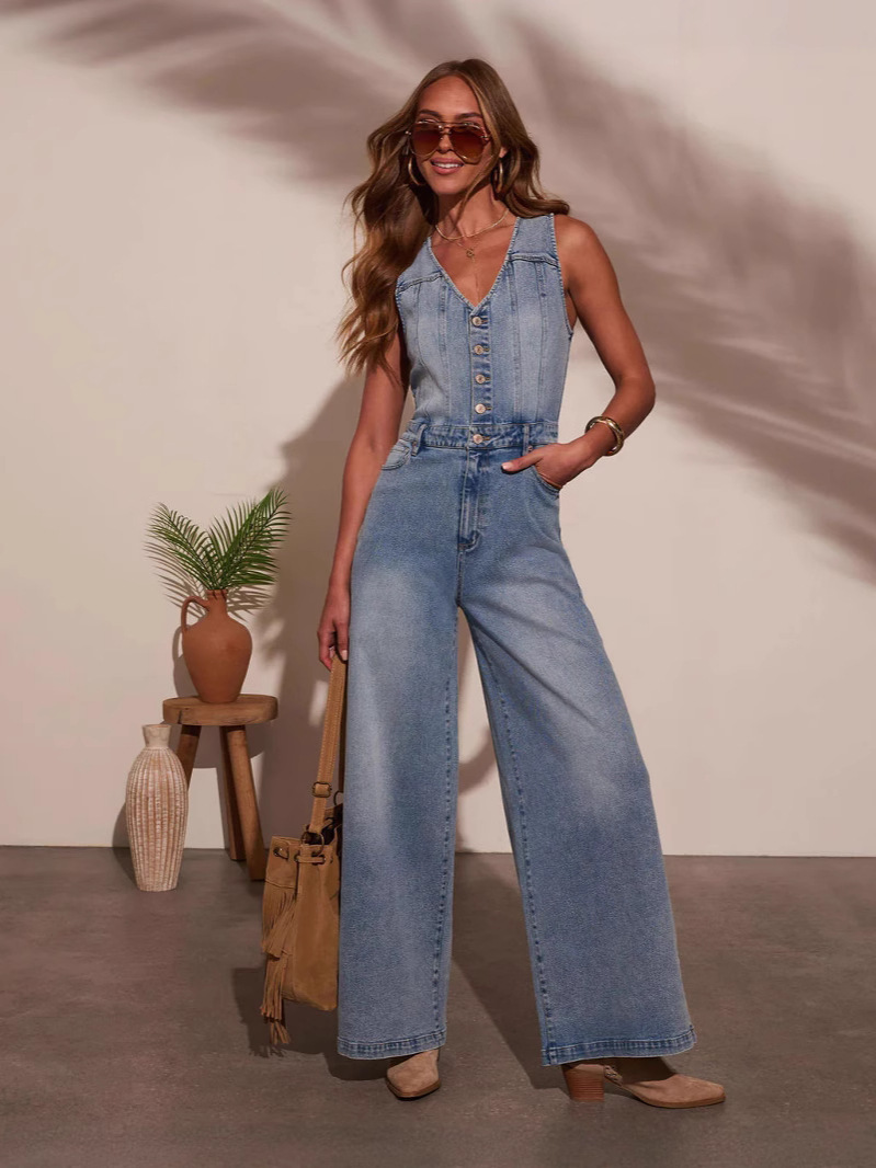 Foreign Trade 2025 European and American Fashion Women's Sleeveless V Neck Vest High Waist Pants Casual Jumpsuit