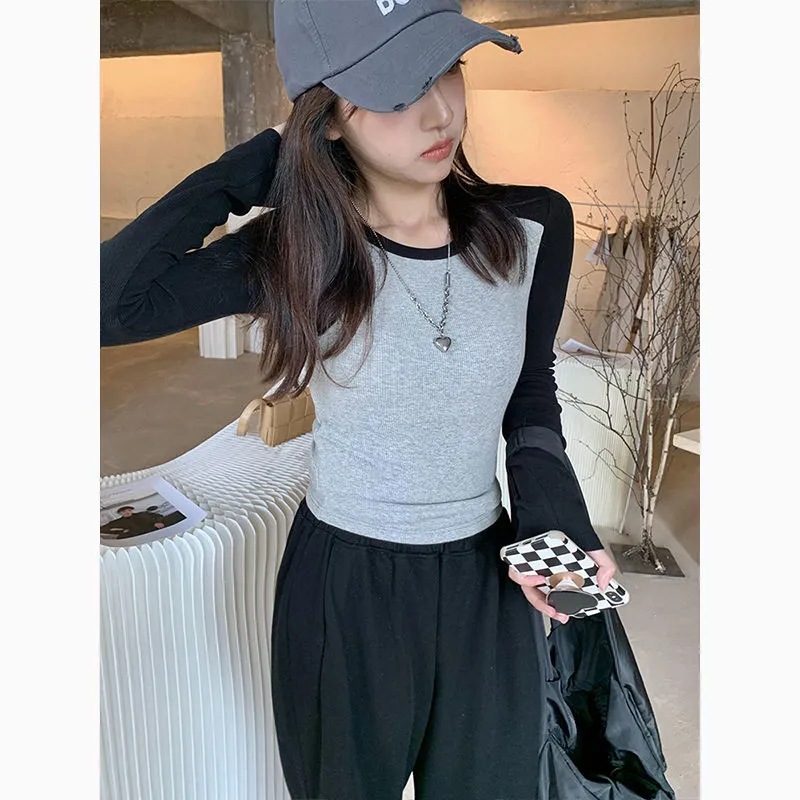 Short T-shirt Women's Long Sleeve 2024 New Korean Style Spring Top Stitching Slim Fit T-shirt Tight Base Shirt Trendy