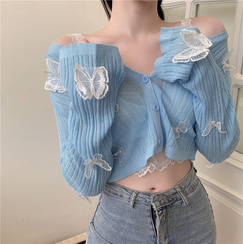 1020# Gentle Design Sense Butterfly Sunscreen Knitted Cardigan Summer New Short Long Sleeve Top Women's Lace Sling